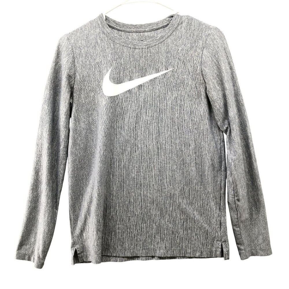 Nike Youth XL Long Sleeve Active T Shirt Gray Crewneck Swoosh Logo Dri Fit